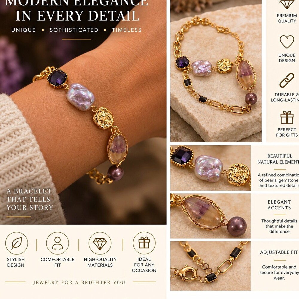 Adjustable Gold Tone Cable Chain Charm Bracelet Purple Cushion Stones Lobster